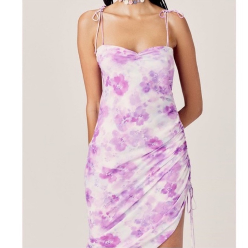 For Love & Lemons Zinna Purple White Floral Midi Ruched Slip Dress Size S Small